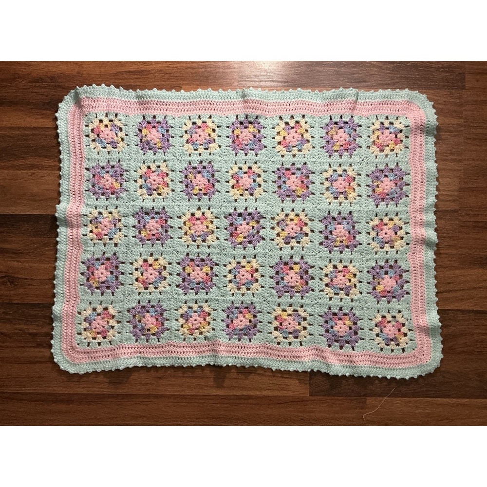 Baby Toddler Granny Square Crocheted Afghan Pink And Purple 32in X 24in